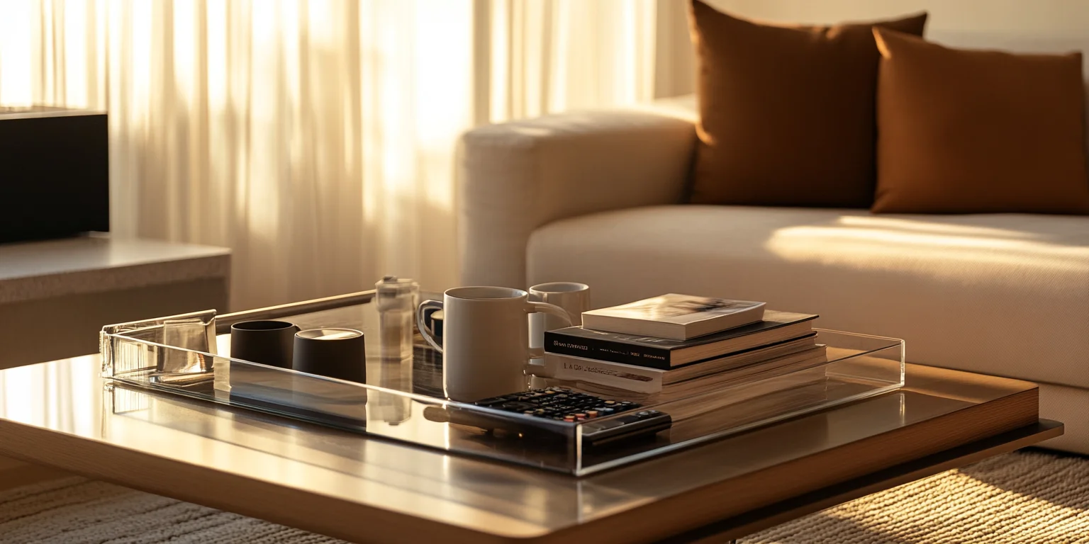 A minimalist rectangular glass tray on a coffee table, a modern living room accent.